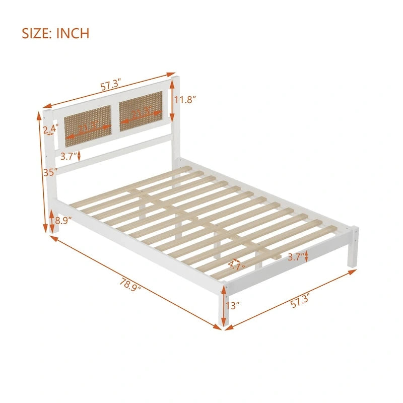 Queen Size Wood Platform Bed with Natural Rattan Headboard