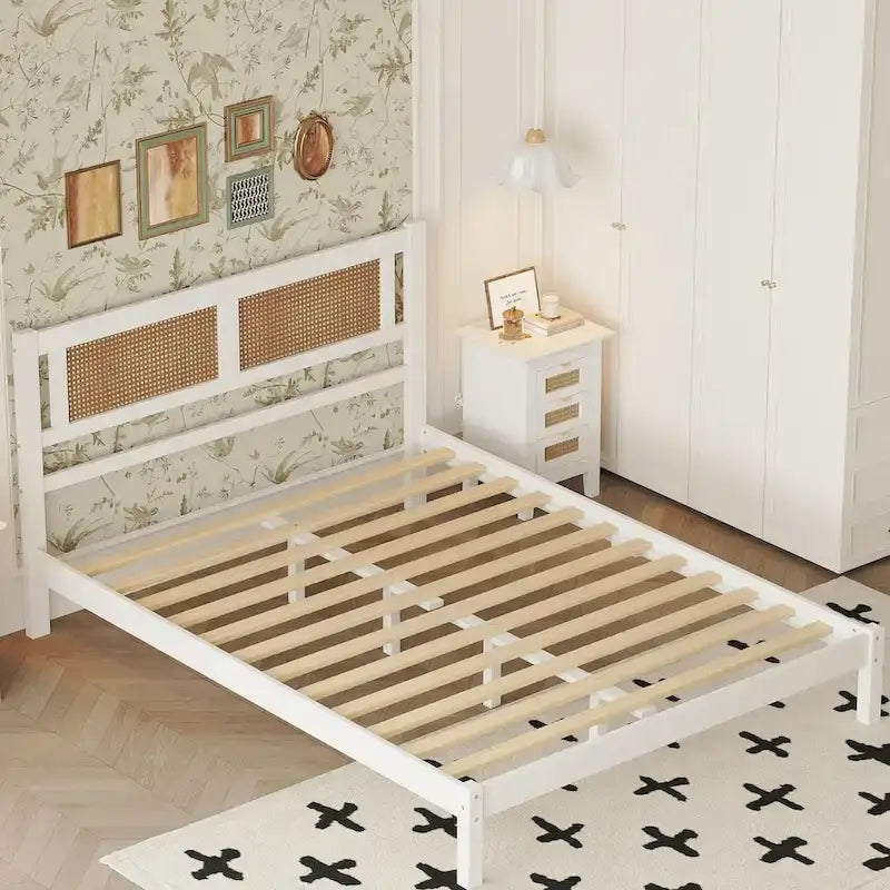 Queen Size Wood Platform Bed with Natural Rattan Headboard