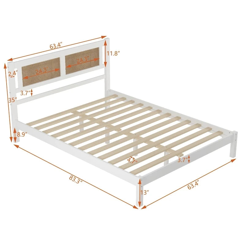 Queen Size Wood Platform Bed with Natural Rattan Headboard