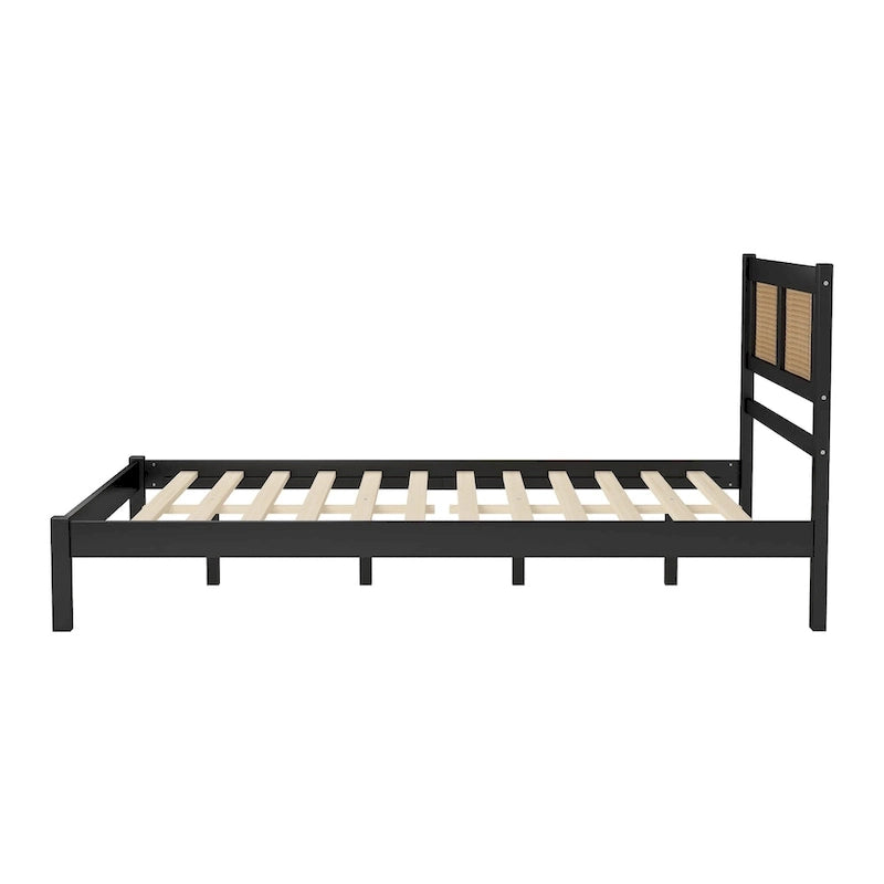 Queen Size Wood Platform Bed with Natural Rattan Headboard