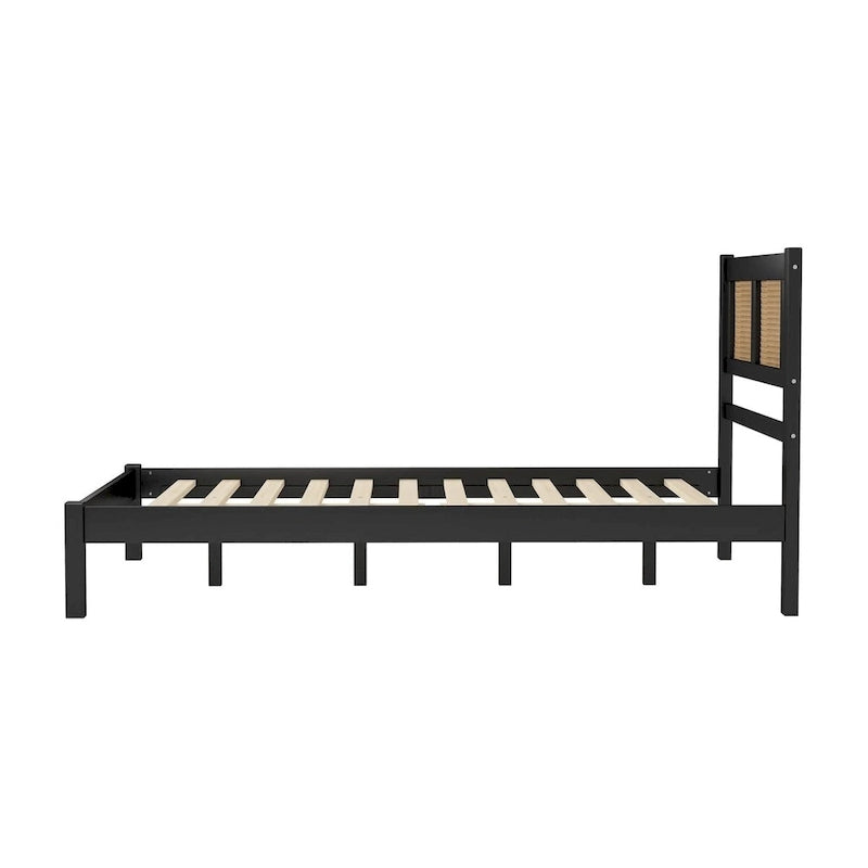 Queen Size Wood Platform Bed with Natural Rattan Headboard