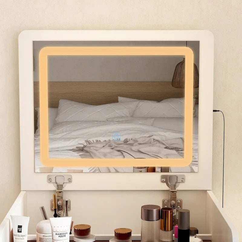 Vanity Set LED Mirror Storage Stool Adjustable Lighting Glass Top