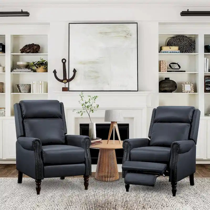 Set of 2 Mid-Century Genuine Leather Push-Back Recliner Armchairs