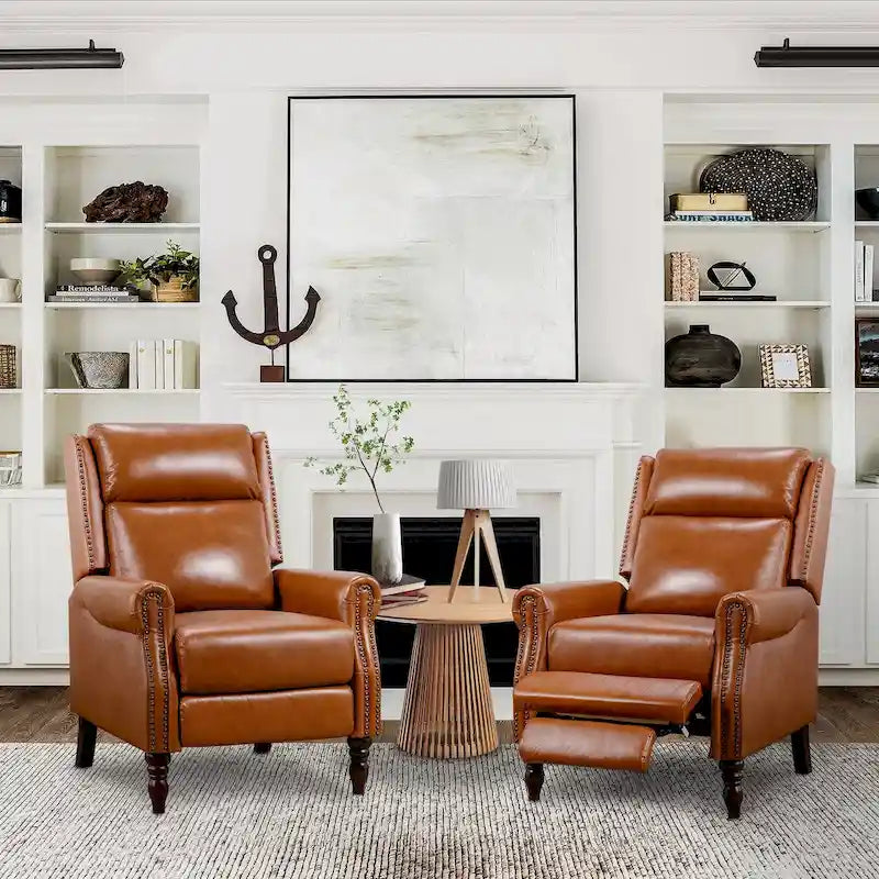 Set of 2 Mid-Century Genuine Leather Push-Back Recliner Armchairs