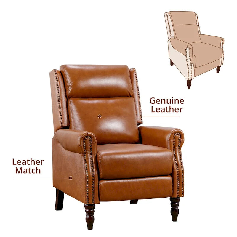 Set of 2 Mid-Century Genuine Leather Push-Back Recliner Armchairs