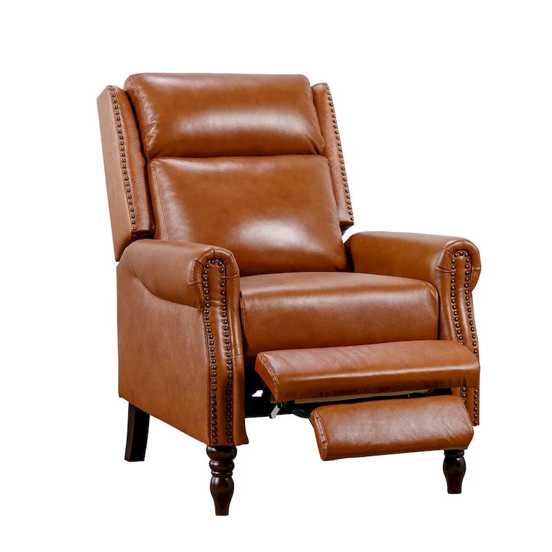 Set of 2 Mid-Century Genuine Leather Push-Back Recliner Armchairs