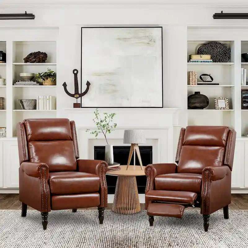 Set of 2 Mid-Century Genuine Leather Push-Back Recliner Armchairs