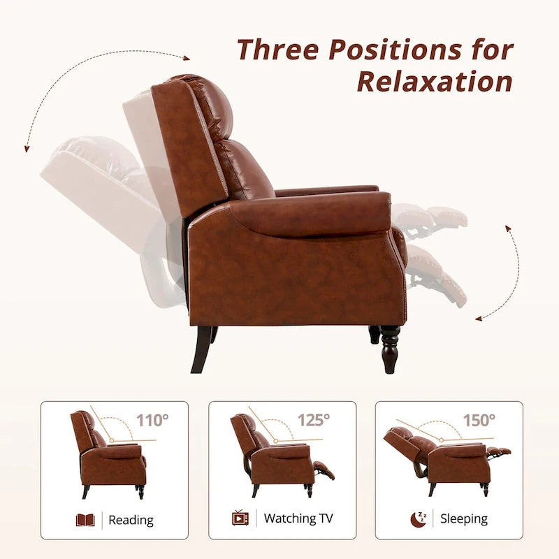 Set of 2 Mid-Century Genuine Leather Push-Back Recliner Armchairs