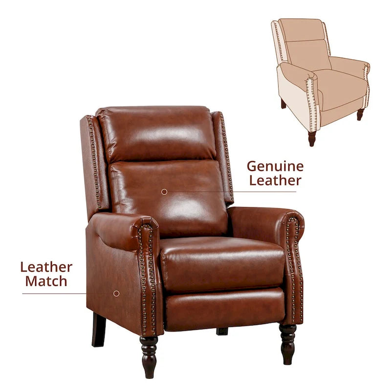 Set of 2 Mid-Century Genuine Leather Push-Back Recliner Armchairs