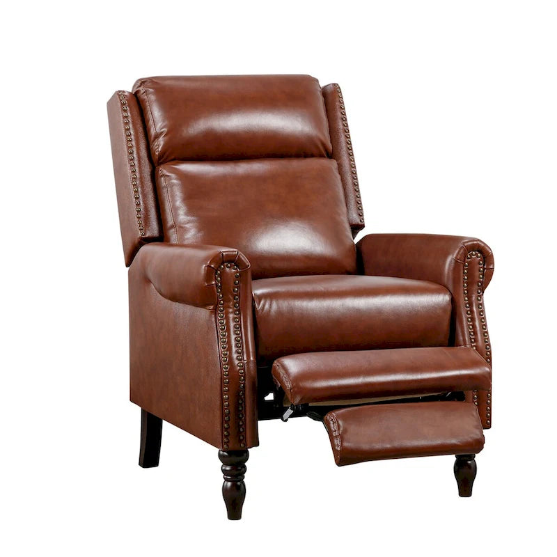 Set of 2 Mid-Century Genuine Leather Push-Back Recliner Armchairs