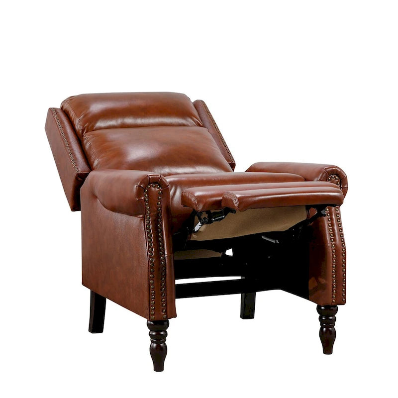 Set of 2 Mid-Century Genuine Leather Push-Back Recliner Armchairs