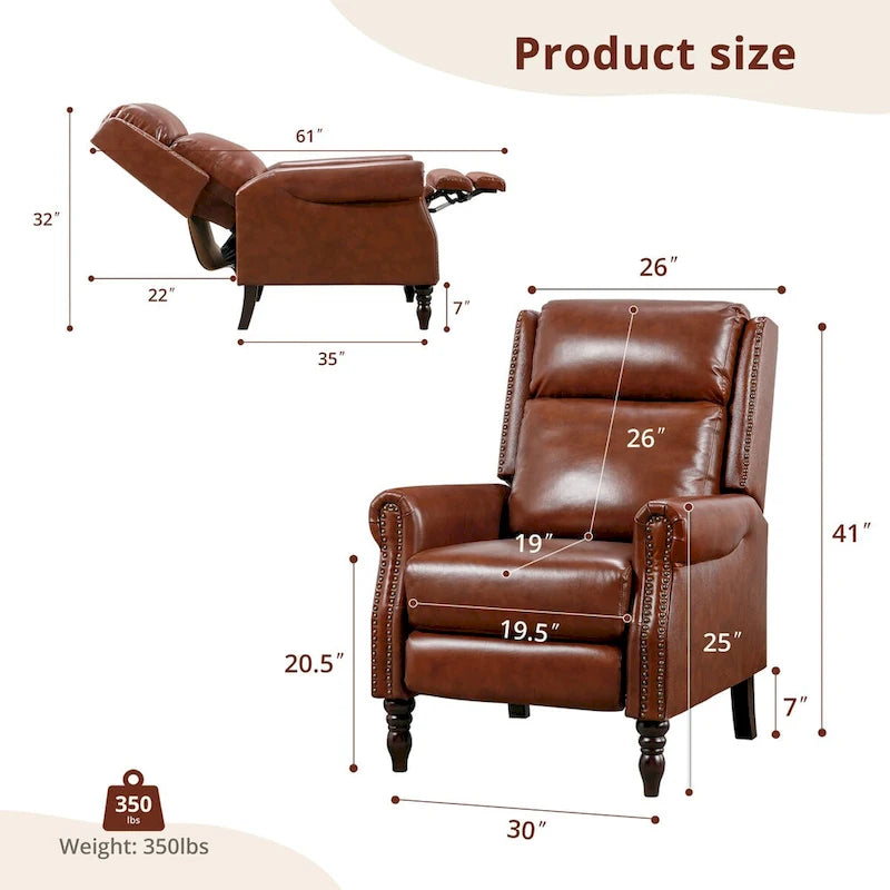 Set of 2 Mid-Century Genuine Leather Push-Back Recliner Armchairs