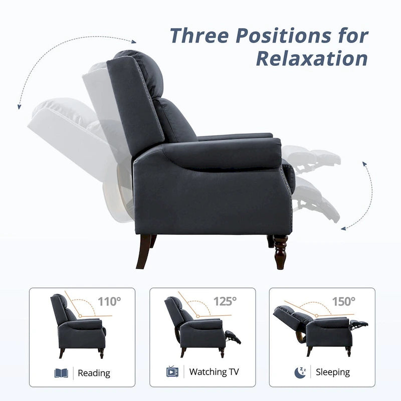 Set of 2 Mid-Century Genuine Leather Push-Back Recliner Armchairs