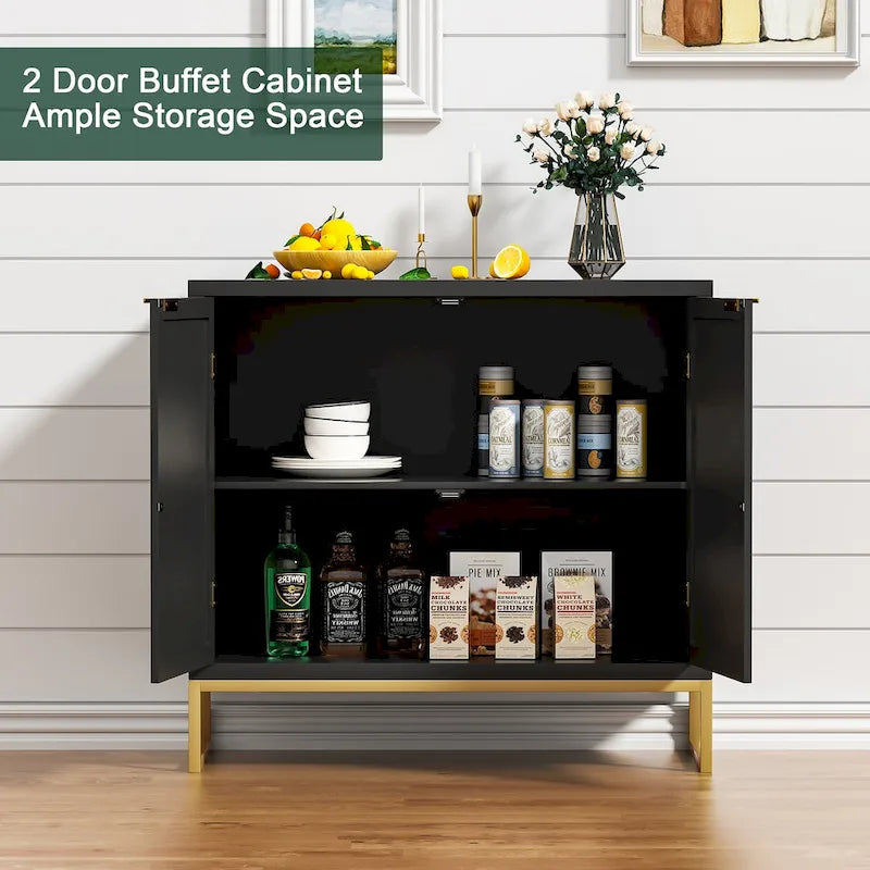 Mid-Century Modern 2-Door Black Buffet Sideboard with Rattan Doors