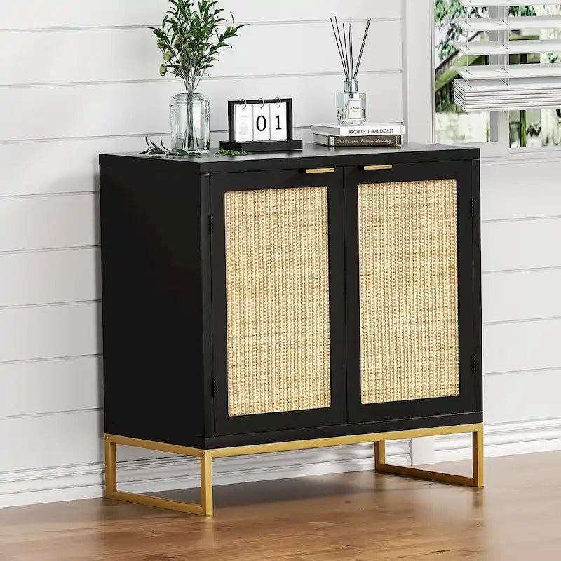 Mid-Century Modern 2-Door Black Buffet Sideboard with Rattan Doors