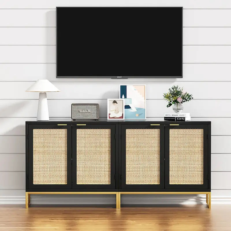 Mid-Century Modern 2-Door Black Buffet Sideboard with Rattan Doors