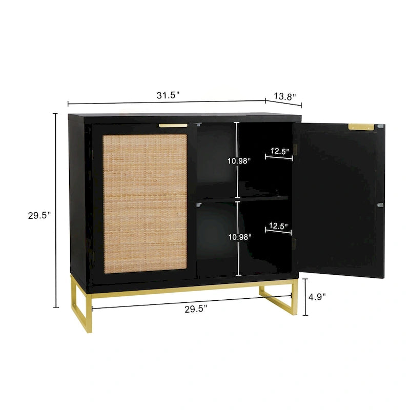 Mid-Century Modern 2-Door Black Buffet Sideboard with Rattan Doors