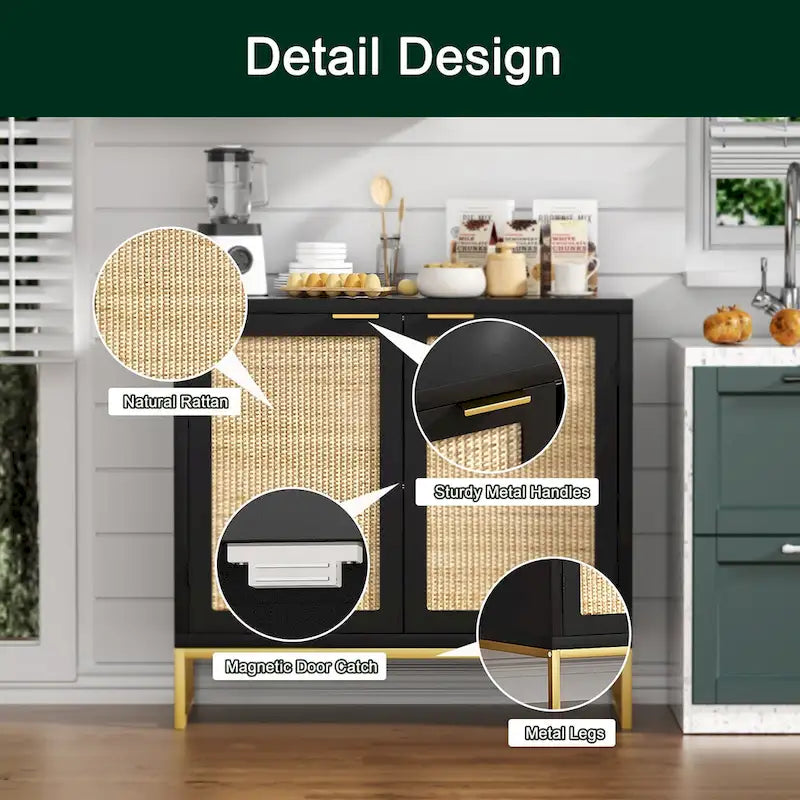 Mid-Century Modern 2-Door Black Buffet Sideboard with Rattan Doors