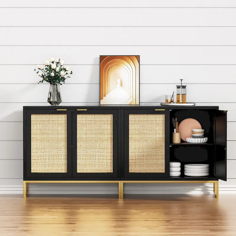 Mid-Century Modern 2-Door Black Buffet Sideboard with Rattan Doors