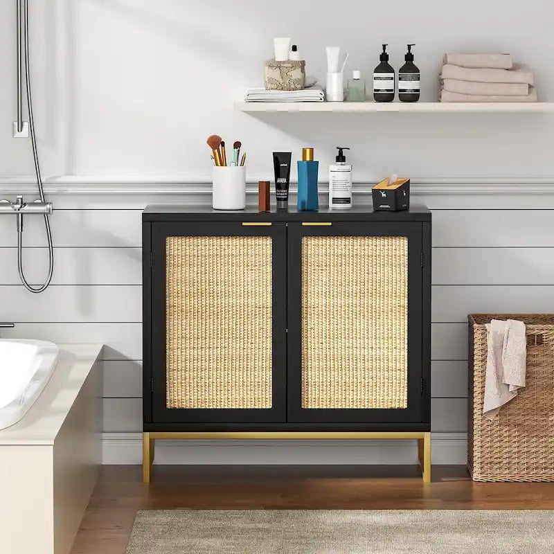 Mid-Century Modern 2-Door Black Buffet Sideboard with Rattan Doors