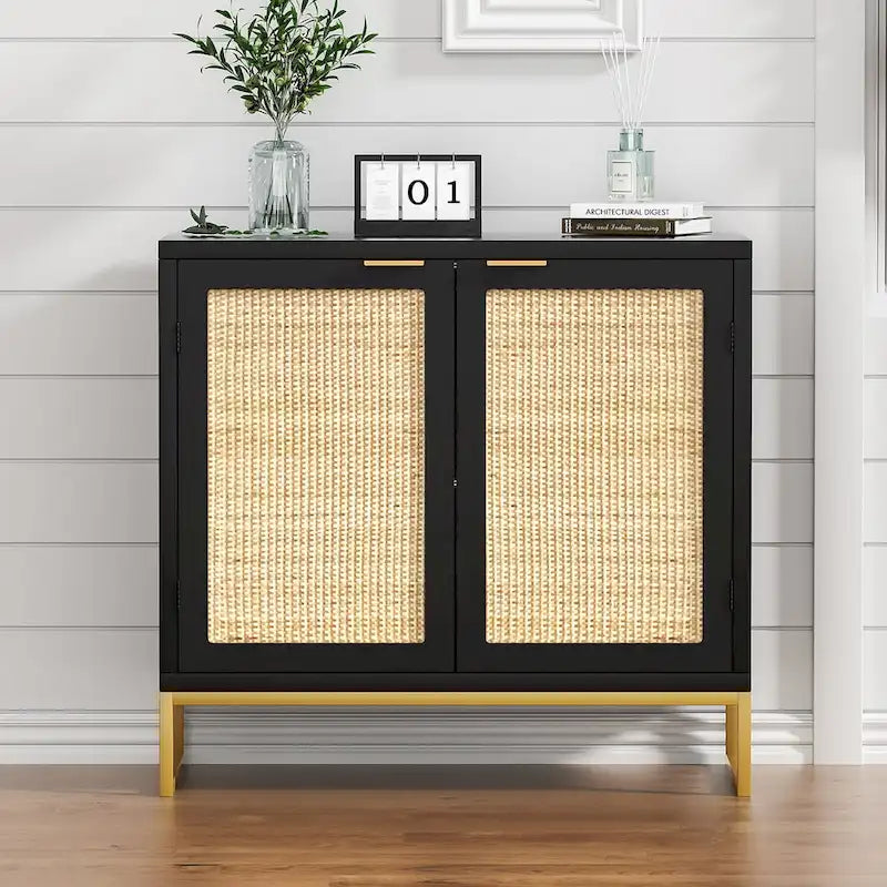 Mid-Century Modern 2-Door Black Buffet Sideboard with Rattan Doors