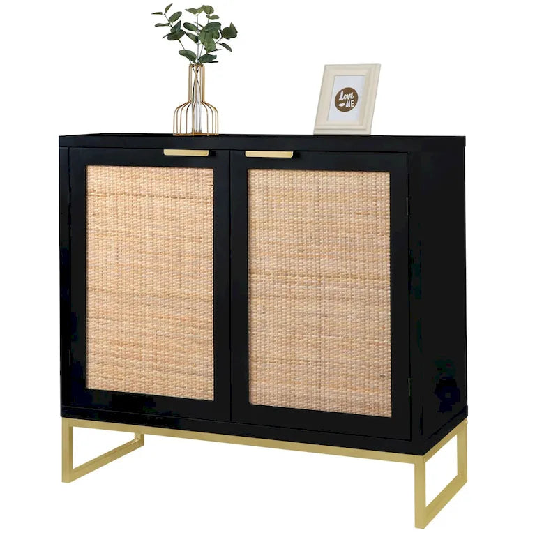 Mid-Century Modern 2-Door Black Buffet Sideboard with Rattan Doors